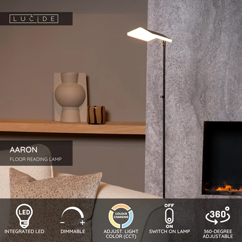 Lucide AARON - Floor reading lamp - LED Dim. - CCT - 1x12W 2700K/4000K - Black - USP